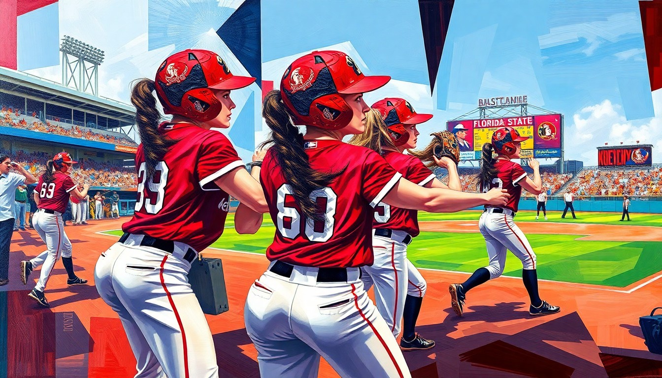 A cubist, geometric painting depicting a Florida State softball game, with sharp, overlapping planes of color representing the dynamic action on the field.
