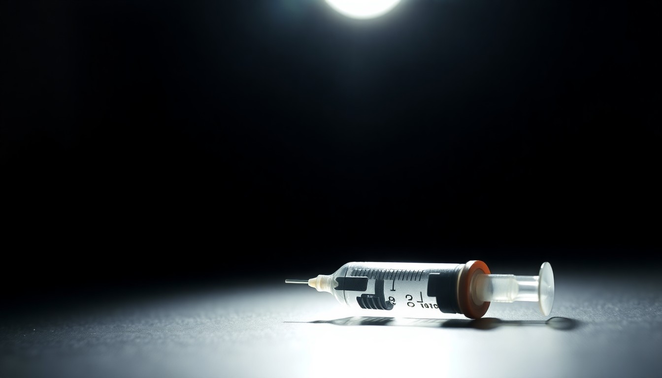 An extreme close-up photograph of a used syringe or drug paraphernalia lit by a harsh, direct camera flash against a pitch-black background, conceptually illustrating the public safety issues discussed in the story.