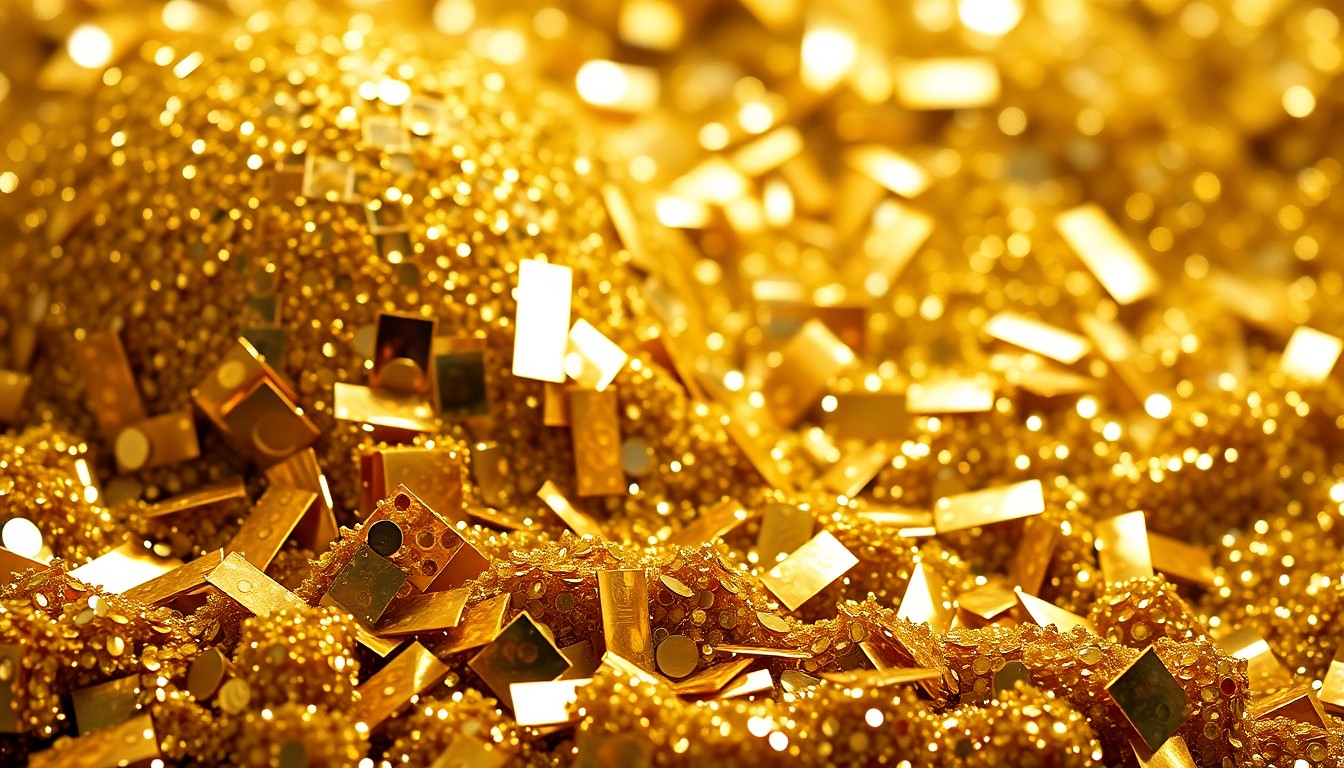 An extreme close-up of shimmering gold sequins and reflective disco ball shards, creating a high-contrast, abstract texture that evokes the glitz and glamour of a major awards show.