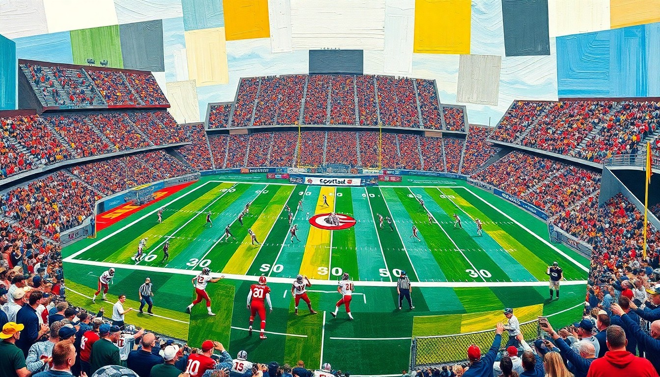 A cubist, geometric painting depicting the chaotic action of a college football game, with fragmented players, field, and stadium rendered in a vibrant color palette.