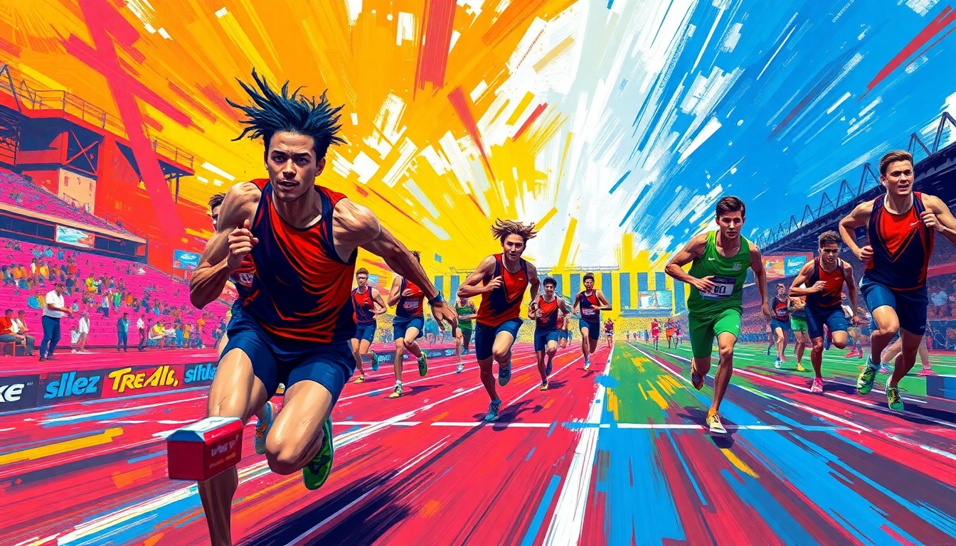 An abstract, energetic painting featuring overlapping brushstrokes of neon yellow, orange, and blue, capturing the dynamic motion and intensity of a high school track and field event.