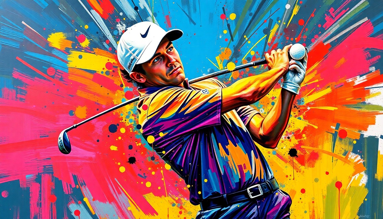 An abstract expressionist painting with vibrant neon brushstrokes capturing the dynamic motion of a golf swing, the golfer's form dissolving into colorful splatters.