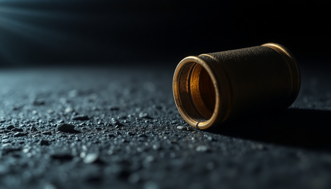 An extreme close-up of a shiny metal shell casing on a dark, textured surface, conceptually representing the violent aftermath of a confrontation over a dog.
