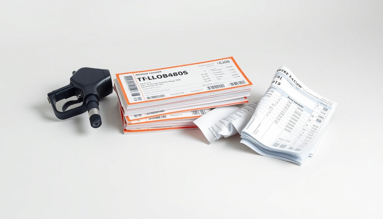 A high-end, photorealistic studio still-life photograph featuring a stack of airline tickets, a fuel nozzle, and a crumpled airline schedule arranged elegantly against a clean, monochromatic background, conceptually representing the financial pressures facing the airline industry due to surging fuel costs.