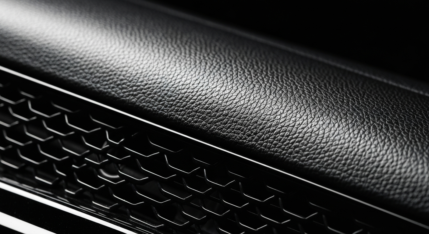 An extreme close-up of a textured automotive surface, such as pebbled leather or woven mesh, captured in dramatic lighting to convey the intricate design and manufacturing behind the local auto repair industry.
