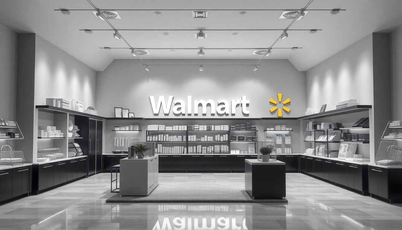 A high-end, photorealistic studio still-life featuring a minimalist arrangement of sleek, geometric retail fixtures and materials in a monochromatic palette, conceptually representing Walmart's investment in store renovations and the modernization of its physical retail presence.