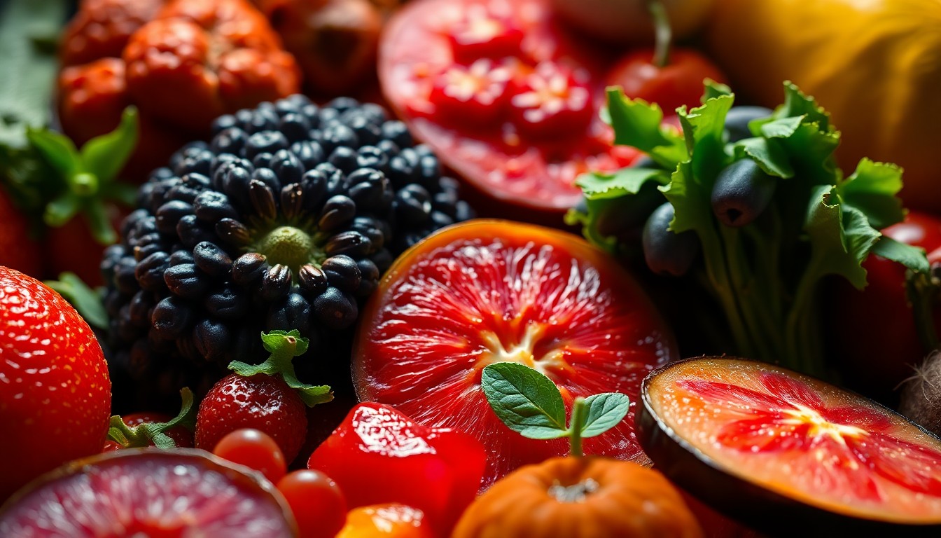 An extreme close-up of lush, textured organic produce in a variety of bright, saturated colors, conceptually representing the joyful energy and community spirit of a local grocery store anniversary celebration.