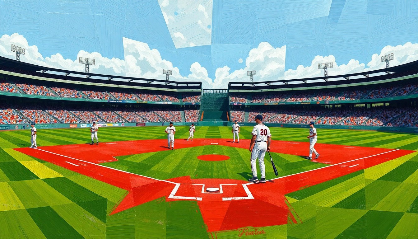 A fragmented, geometric painting depicting the dynamic movements and competing perspectives of a college baseball game, with overlapping planes of green, red, and white.