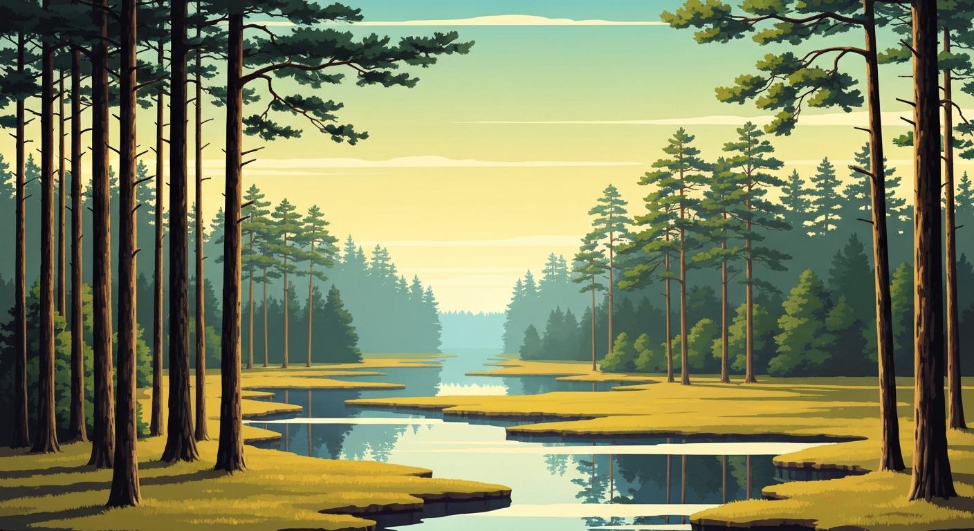 A bold, geometric illustration in the Art Deco style depicts a towering, sweeping vista of pine forests and wetlands in the New Jersey Pine Barrens, capturing the grand scale and natural beauty of the region.
