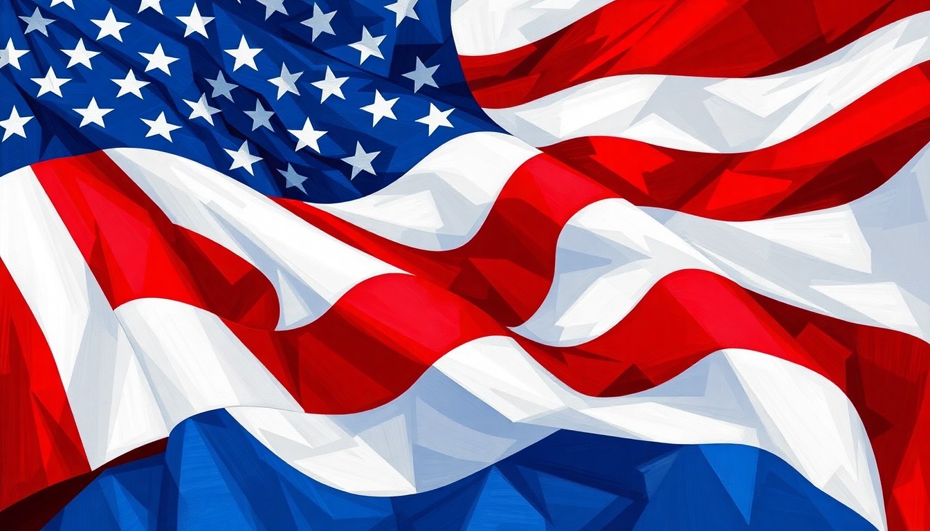 A dynamic, abstract painting of an American flag in motion, with the stars and stripes repeated and overlapping in a fractured, geometric style, conveying a sense of political tension and uncertainty.