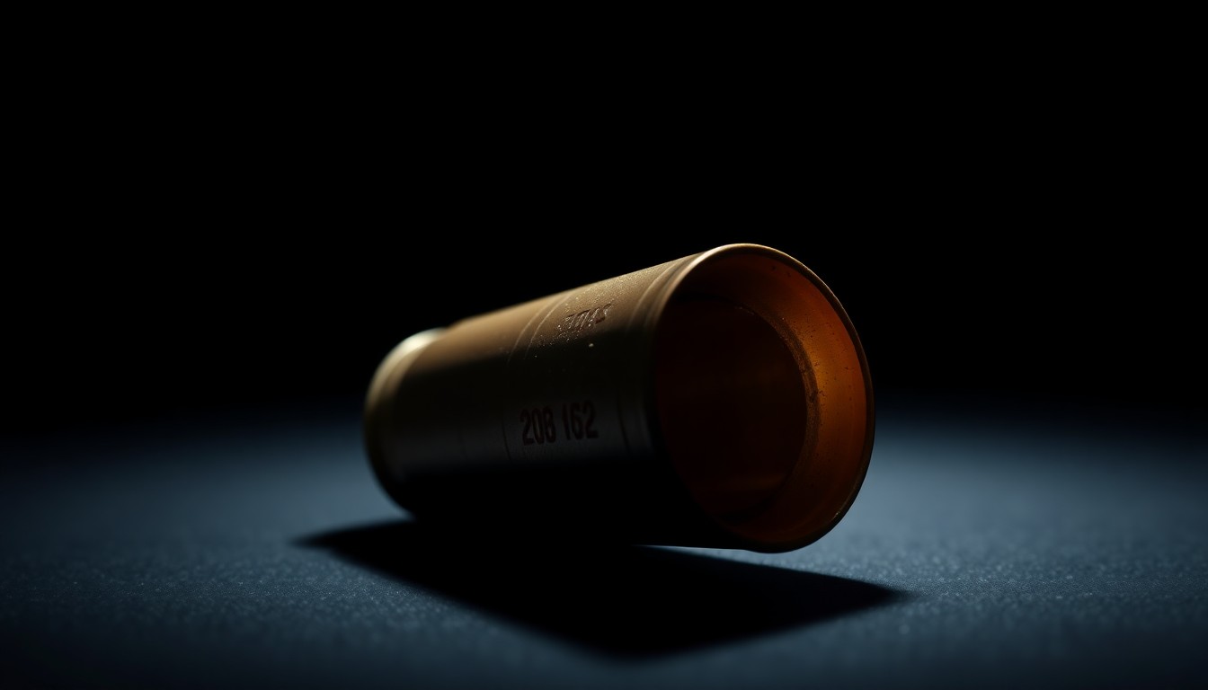 An extreme close-up photograph of a spent shell casing from a real firearm, lit by a harsh, direct camera flash against a pitch-black background, conceptually illustrating the gritty details of a tragic shooting incident.