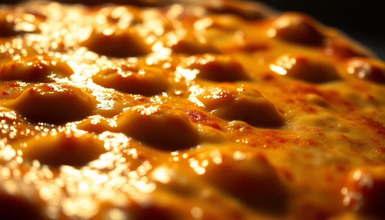 An extreme close-up photograph of a golden, bubbly pizza crust with melted cheese, captured in dramatic high-contrast studio lighting to evoke a sense of indulgence and glamour associated with festival food.