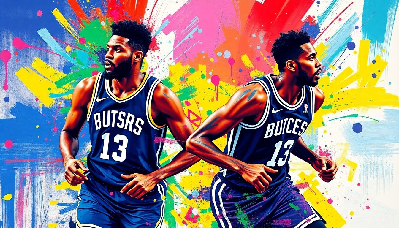 An abstract, expressionist painting in neon colors depicting the blurred, energetic movements of basketball players on a court, conceptually representing the intensity and excitement of an NBA playoff game.