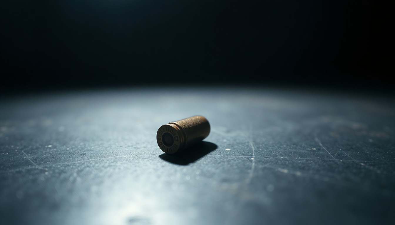 An extreme close-up photograph of a single spent bullet casing on a dark surface, lit by a harsh, direct camera flash, conceptually representing the aftermath of a deadly shooting incident.