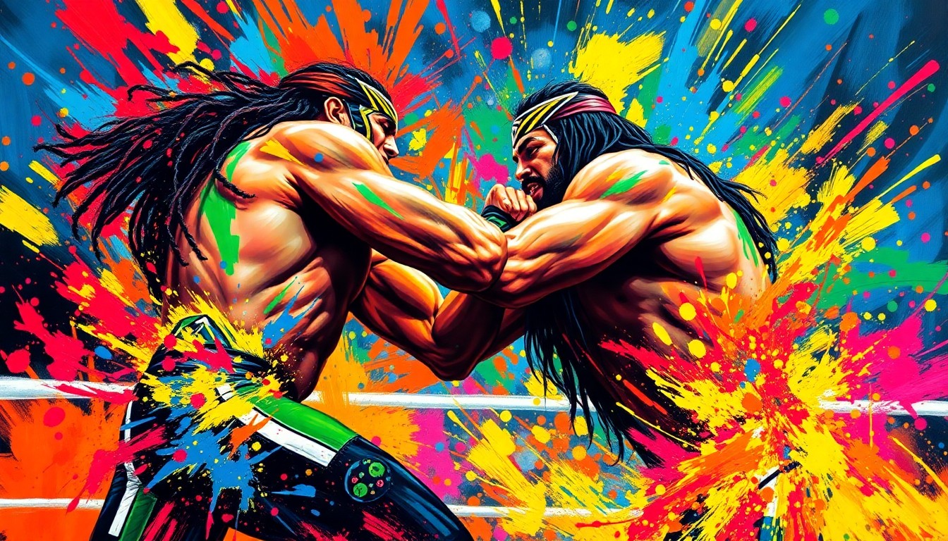 An abstract, expressionist painting featuring vibrant neon brushstrokes and dissolving figures, capturing the raw energy and intensity of a wrestling match between two powerful athletes.