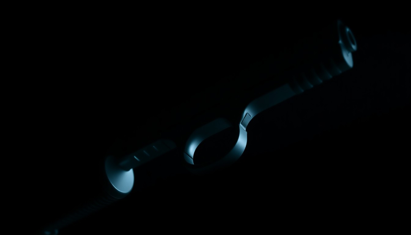 An extreme close-up photograph of a loaded, unregistered handgun against a pitch-black background, lit by a harsh, direct camera flash, conceptually illustrating the discovery of illegal weapons during a law enforcement investigation.