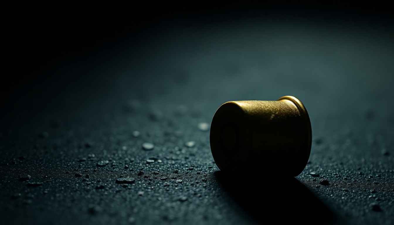 An extreme close-up photograph of a spent shell casing on a dark, textured surface, lit by a harsh, direct camera flash, conceptually representing the evidence and investigation into a shooting incident.