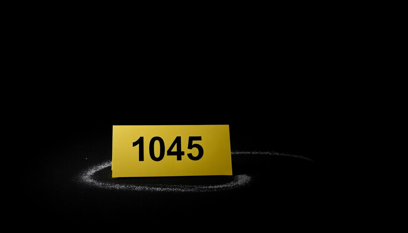 An extreme close-up photograph of a police evidence marker, such as a numbered placard, lit by a harsh, direct camera flash against a pitch-black background, conveying a stark, gritty, investigative aesthetic without depicting any violence.