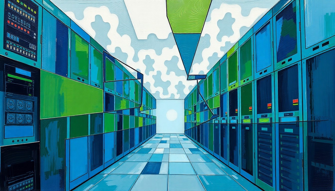 A fractured, multi-perspective painting featuring sharp, overlapping geometric planes in shades of blue, green, and grey, conceptually representing the intricate and dynamic nature of cloud computing technology.