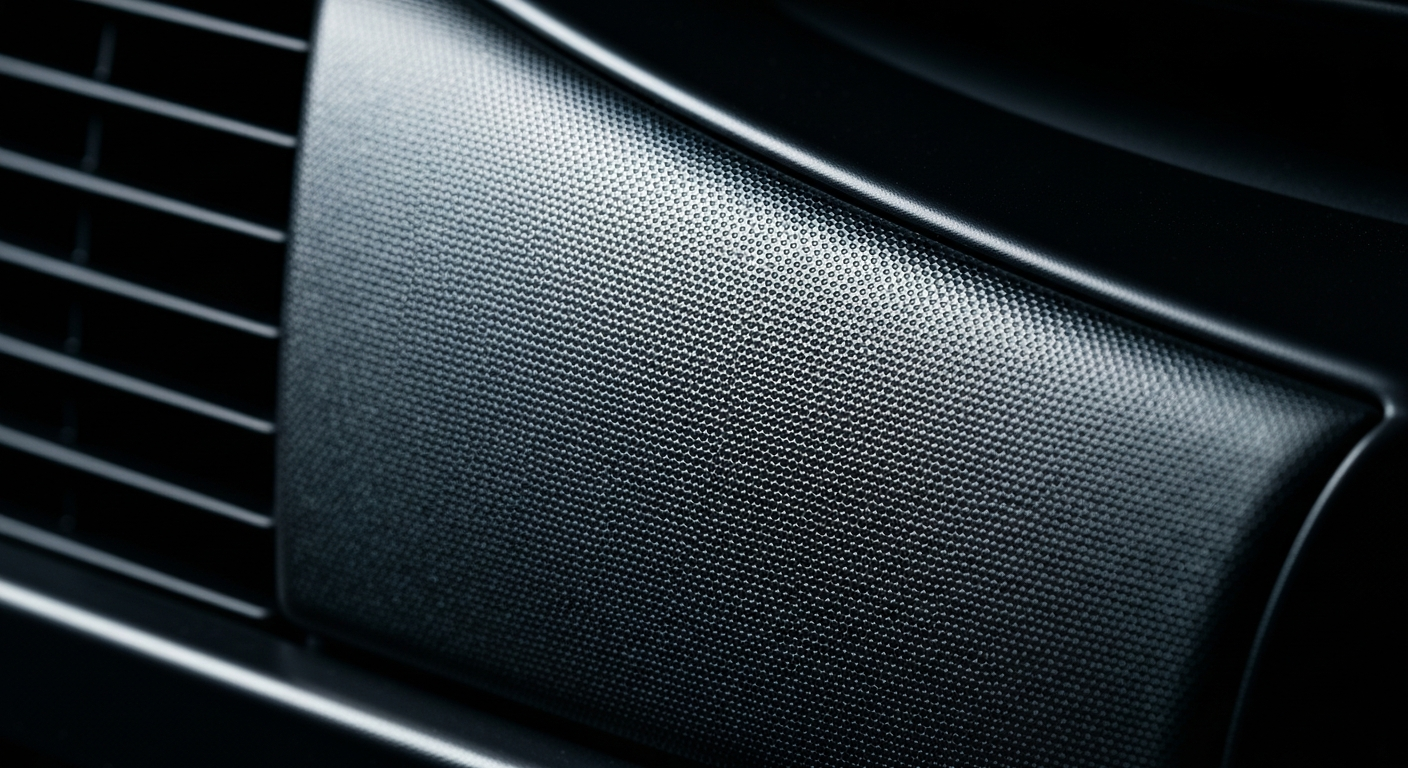 An extreme close-up of the pebbled, metallic surface of a car's air conditioning unit, capturing the raw materials and textures in dramatic lighting to conceptually represent the local impact of automotive repair services.