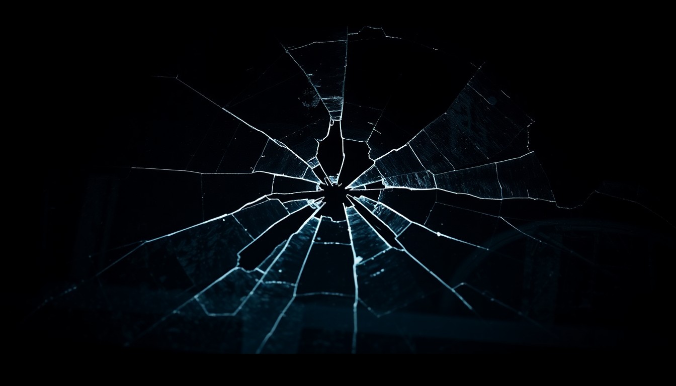 An extreme close-up photograph of a cracked and damaged car windshield, conveying the stark, gritty aftermath of a fatal traffic accident.