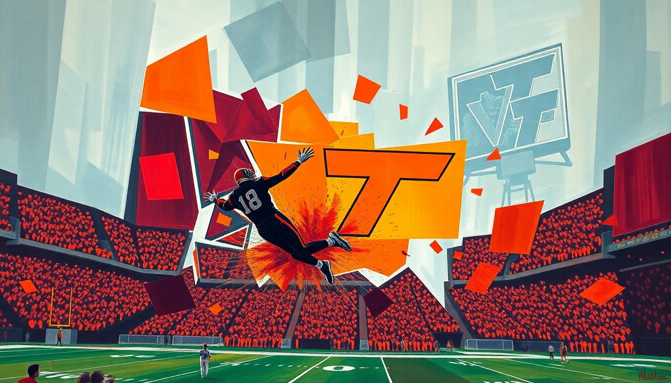 A cubist, geometric painting depicting the skydiver's crash into the Virginia Tech scoreboard, with the figure and scoreboard broken down into sharp, overlapping planes of maroon and orange.