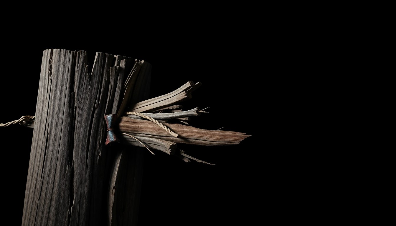 An extreme close-up of a shattered and twisted car fence post, conceptually illustrating the aftermath of a vehicle crash through a barrier.