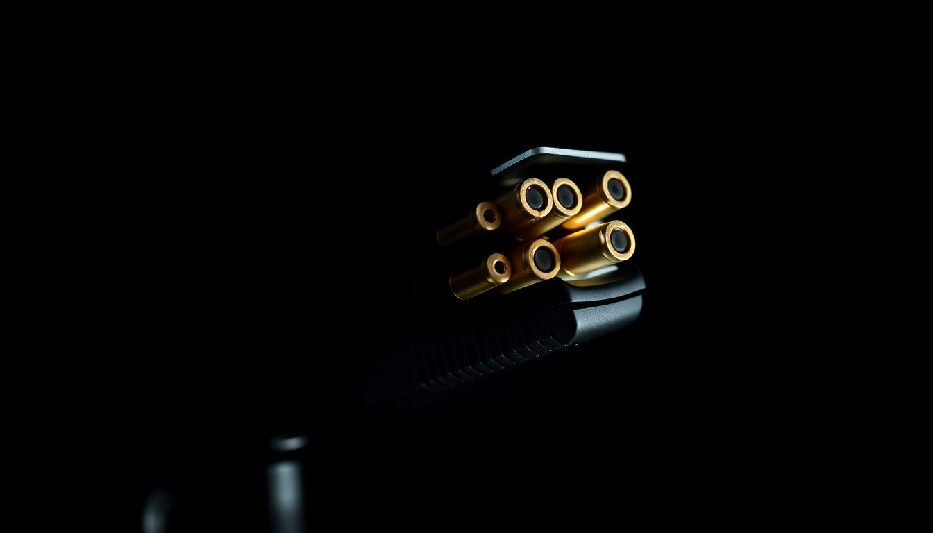 An extreme close-up photograph of a semi-automatic handgun magazine loaded with ammunition, capturing the stark, gritty details of the firearm in a dramatic, investigative style.