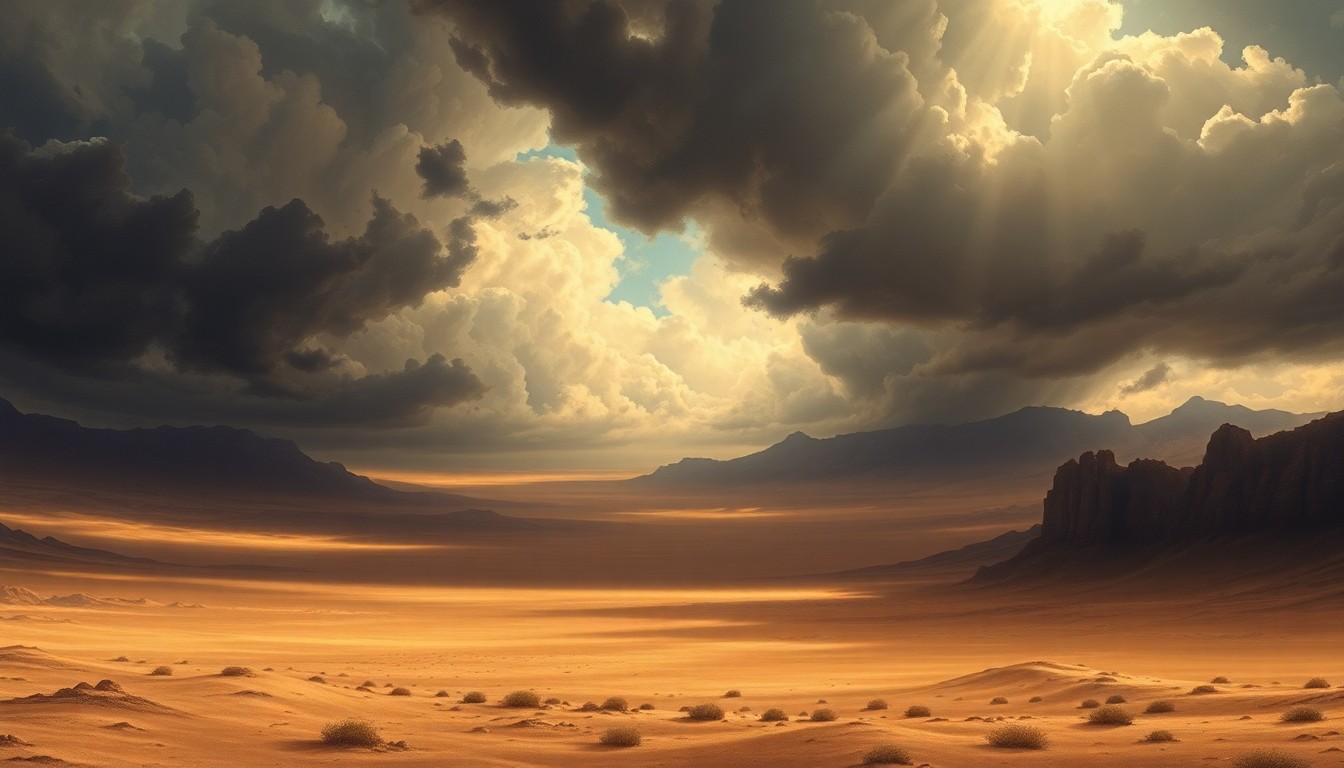 A vast, majestic landscape painting in muted earth tones, with a sweeping desert scene dwarfed by a dramatic, ominous sky filled with swirling clouds and atmospheric light, conveying the sublime power of nature.