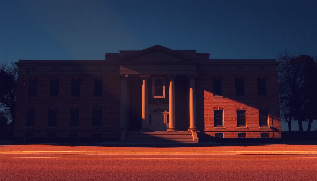 A cinematic painting of a solitary government building in Richmond, Virginia, with warm sunlight and deep shadows creating a sense of quiet contemplation, conceptually representing the high-stakes political battle over the state's congressional redistricting.