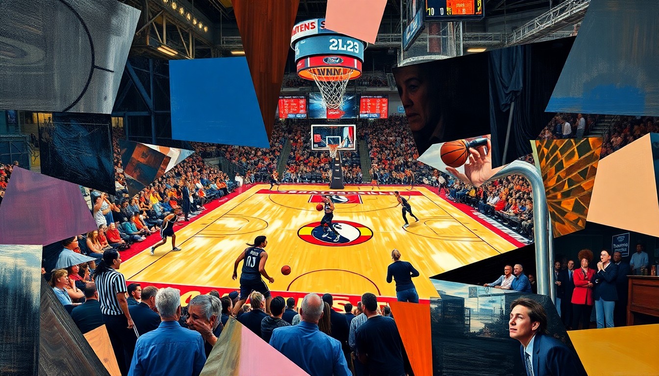 A cubist, geometric painting depicting the chaotic action of a WNBA basketball game, with players and the ball broken down into overlapping angular shapes and planes of color.