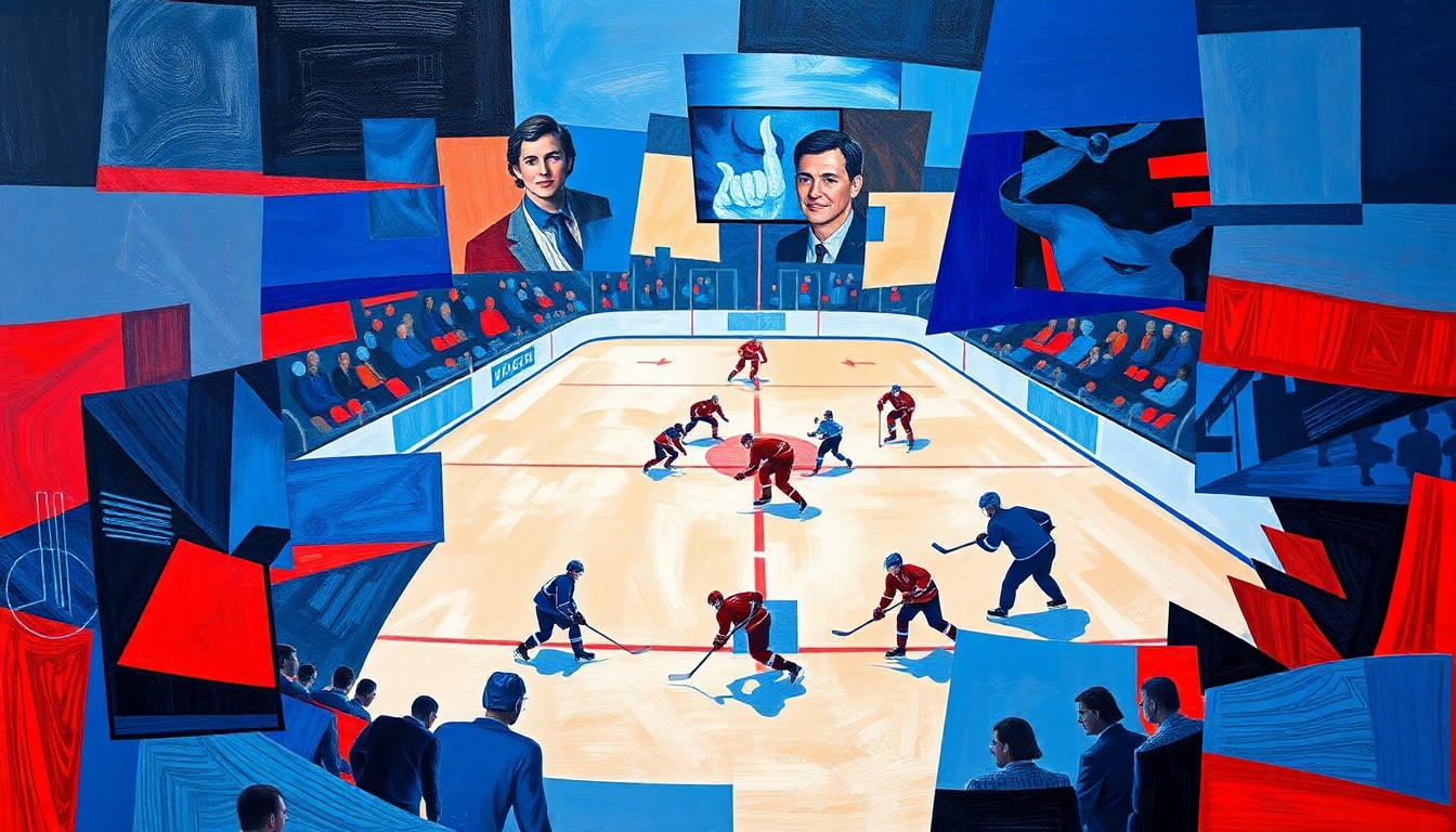A cubist, geometric painting depicting a hockey game with overlapping planes of players, puck, and arena in shades of blue, red, and white, capturing the dynamic energy of the Sabres' comeback victory.