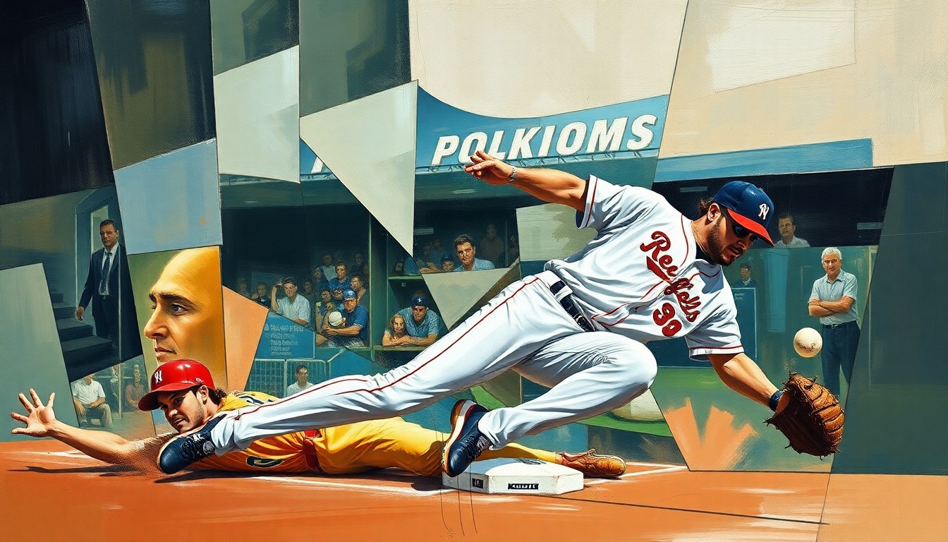A cubist-style painting depicting a baseball player sliding into a base, with the figure broken down into sharp, overlapping geometric shapes in a vibrant color palette, conveying the dynamic motion and tension of the moment.