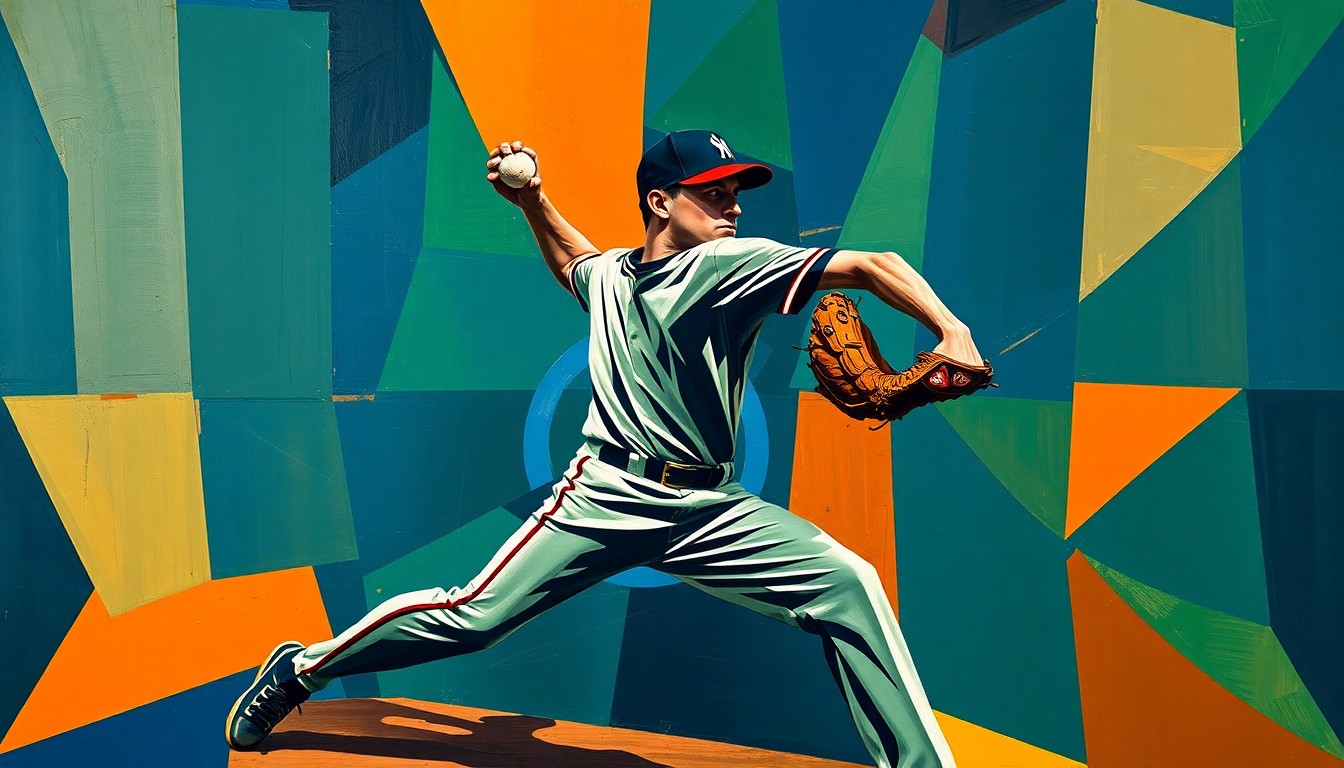A fragmented, geometric painting depicting a baseball pitcher's motion, with sharp planes of navy, green, and orange conveying the energy and intensity of the game.