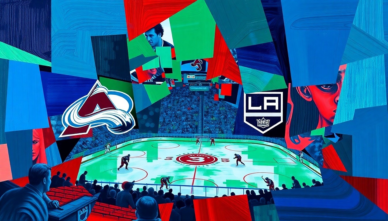 A cubist, geometric painting depicting the intensity and action of a hockey game between the Colorado Avalanche and Los Angeles Kings, with sharp, overlapping planes of vibrant blues, greens, and reds.