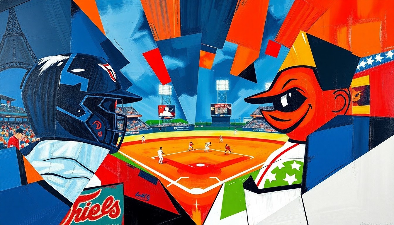 An abstract, cubist-style painting depicting a baseball game between the Cleveland Guardians and Baltimore Orioles, with sharp geometric shapes and planes of vibrant colors representing the intense action on the field.