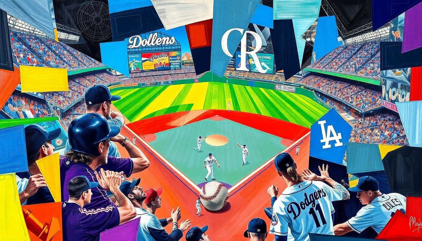 A cubist, geometric painting depicting a baseball game between the Colorado Rockies and Los Angeles Dodgers, with sharp, overlapping planes of color representing the players and action on the field.