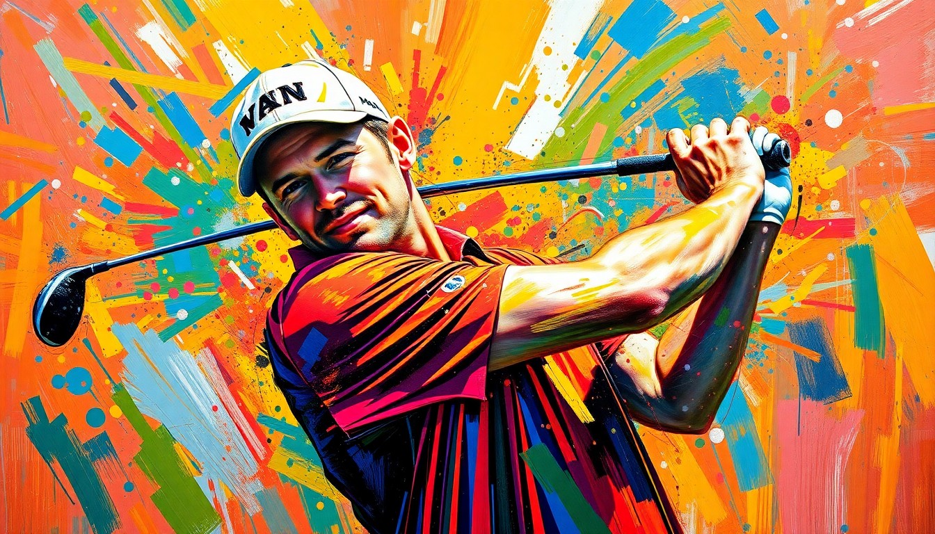 An abstract, energetic painting depicting the dynamic motion of a golfer's swing, with vibrant brushstrokes and neon colors capturing the raw athleticism of the sport.