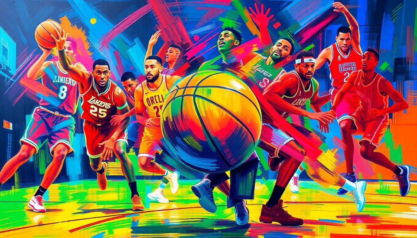 An abstract, expressionist painting featuring vibrant neon colors and dynamic brushstrokes that capture the intensity and energy of an NBA playoff basketball game, with overlapping, dissolving figures of players in motion and the basketball as the central focal point.