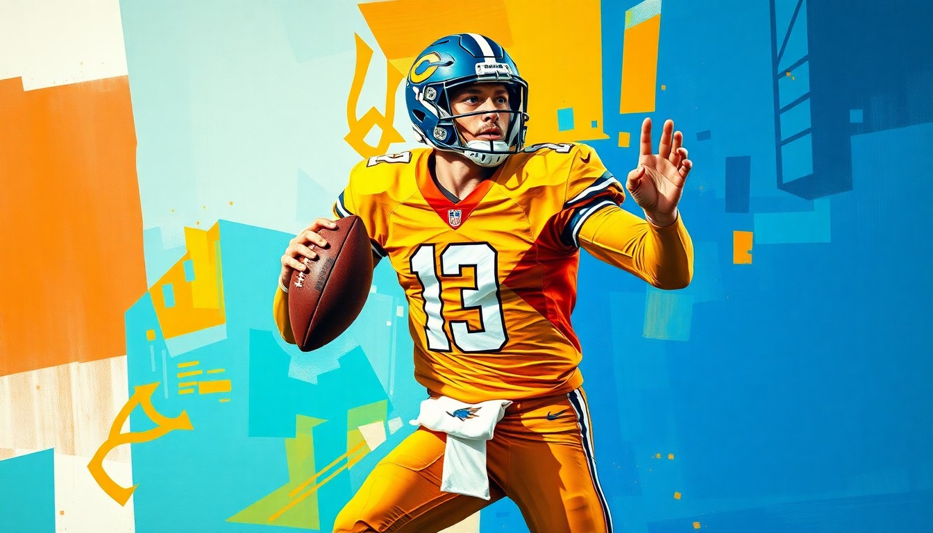A cubist, geometric illustration depicting a college football quarterback in motion, with overlapping planes of teal, orange, and royal blue colors creating a dynamic, fragmented visual representation of the player's movements.