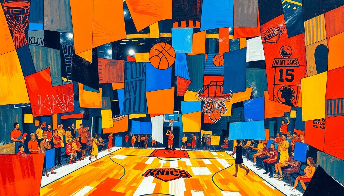 A cubist, geometric painting depicting a basketball game broken down into overlapping planes of color, representing the strategic adjustments made by the Knicks to shut down the Hawks' small-screen offense.