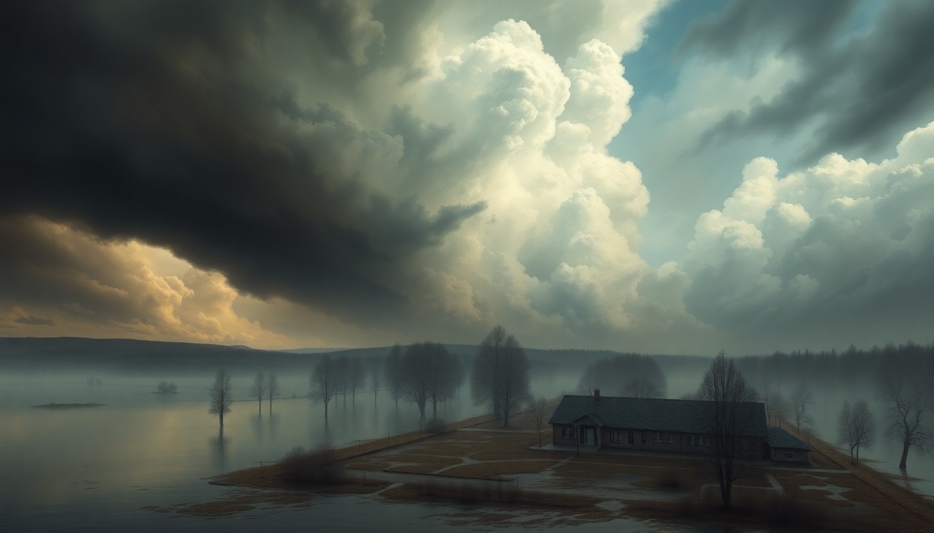 A sweeping, atmospheric landscape painting depicting a flooded schoolyard in the foreground, dwarfed by an ominous, stormy sky, conveying the overwhelming power of nature and the vulnerability of human structures.