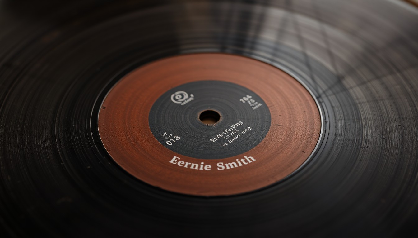 An abstract close-up photograph of a vintage vinyl record with a worn, textured surface in shades of deep brown and black, conveying the timeless, tactile quality of Ernie Smith's music.