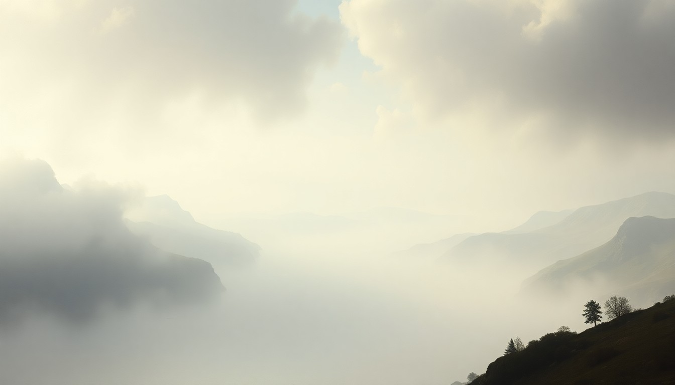 A sweeping, atmospheric landscape painting in muted tones of gray, blue, and green, depicting a vast, fog-shrouded river or lake with minimal physical structures, conveying the overwhelming scale and power of the natural environment.