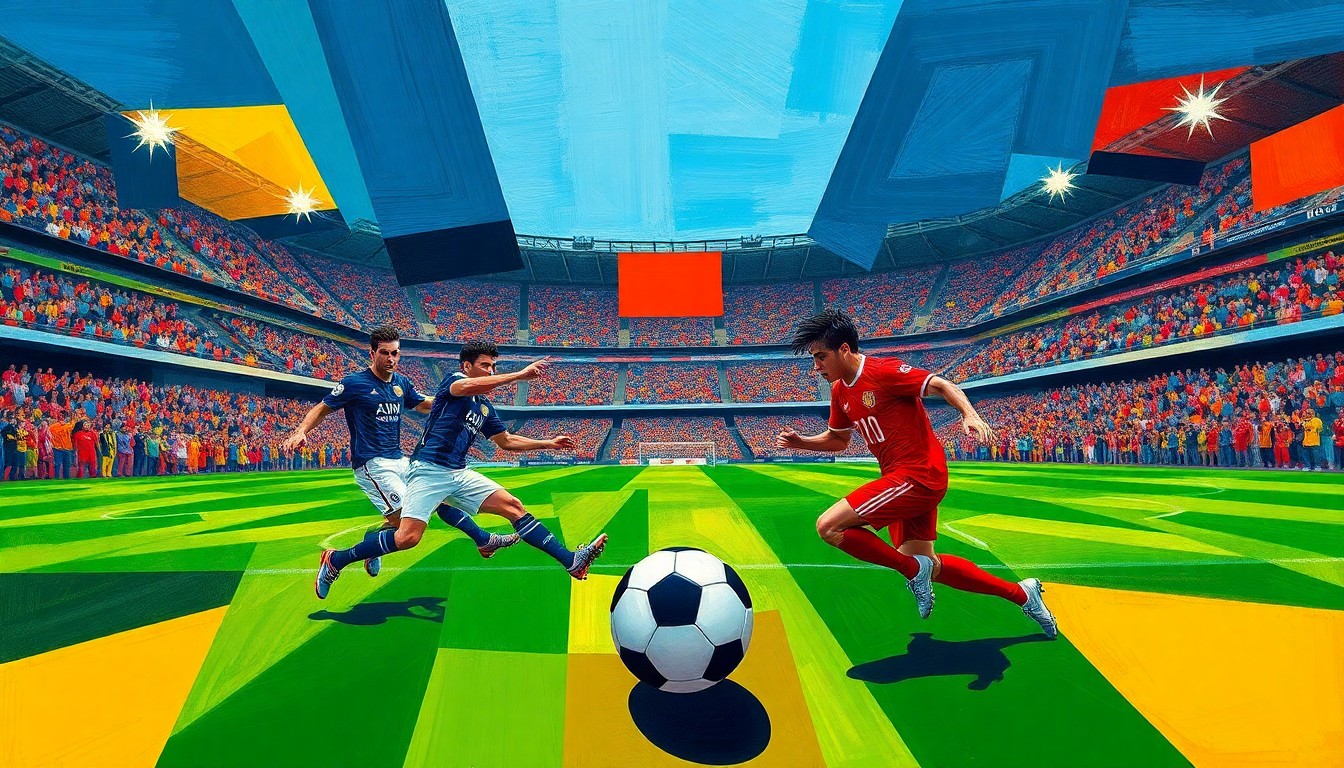 A cubist, geometric painting depicting the intense action of the LAFC-Earthquakes match, with fragmented, overlapping shapes and planes of players, the ball, and the stadium in vibrant colors, capturing the energy and drama of the game.