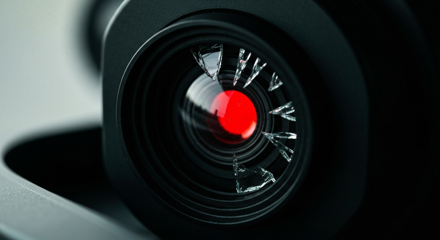 An extreme close-up of a shattered car sensor lens reflecting a faint red light, conceptually illustrating the vandalism of self-driving cars.