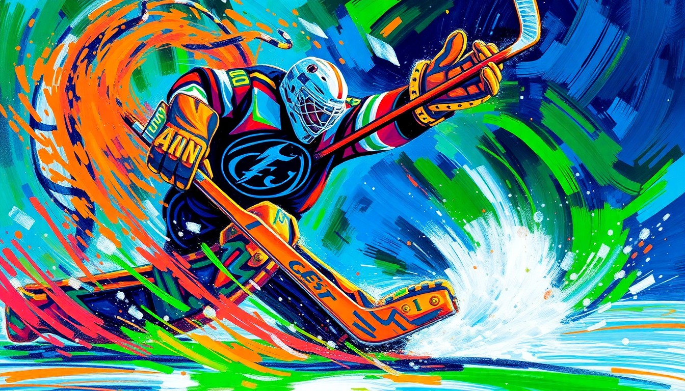 An abstract, energetic painting in vibrant expressionist brushstrokes, capturing the dramatic movement and intensity of a hockey goaltender making a save.