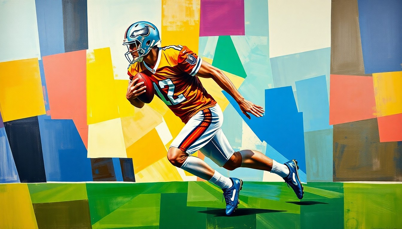 A cubist-style painting depicting a football player in motion, with their body and jersey fragmented into sharp, overlapping geometric shapes and planes, conveying the conceptual idea of a major trade between two NFL teams.