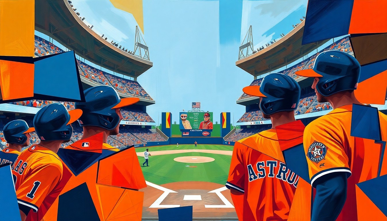 A fragmented, geometric painting depicting a baseball game in progress, with the players and field broken down into sharp, overlapping shapes and planes in vibrant shades of orange and navy blue.