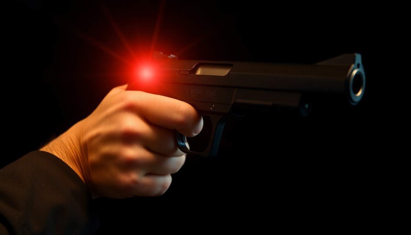 An extreme close-up photograph of a police officer's hand gripping a handgun, the harsh flash illuminating the weapon's metal surface against a pitch-black background, conceptually illustrating the tense confrontation on Clematis Street.